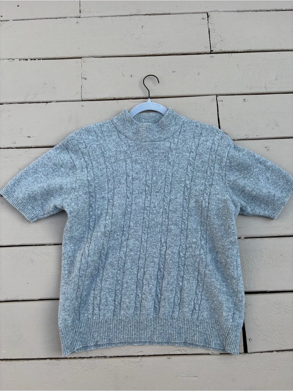 Vintage Grey Cable Knit Mock Neck Short Sleeve Sweater